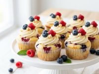 heesecake cupcakes with berry topping on a cake stand