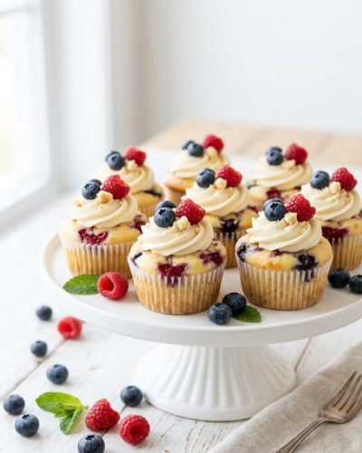 heesecake cupcakes with berry topping on a cake stand
