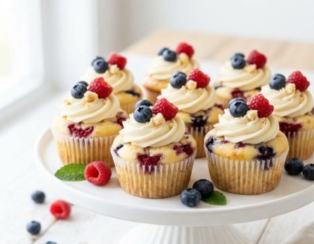 heesecake cupcakes with berry topping on a cake stand