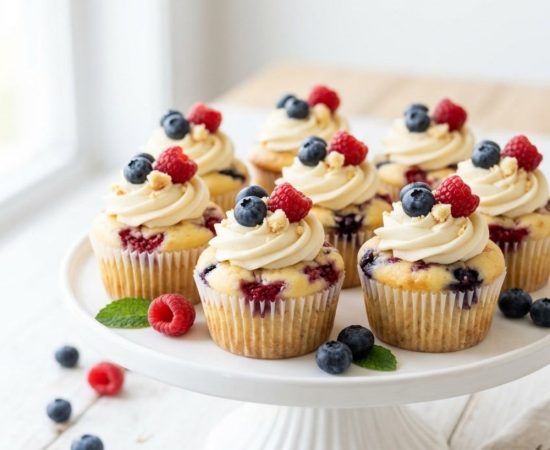 heesecake cupcakes with berry topping on a cake stand