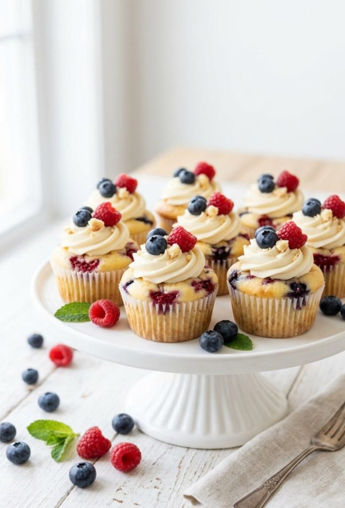 heesecake cupcakes with berry topping on a cake stand