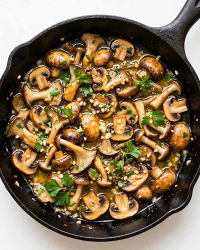 garlic butter mushrooms in a skillet with parsley and glossy butter sauce.
