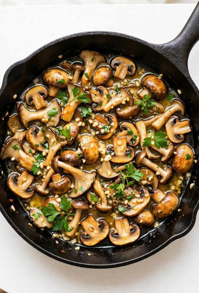 garlic butter mushrooms in a skillet with parsley and glossy butter sauce.