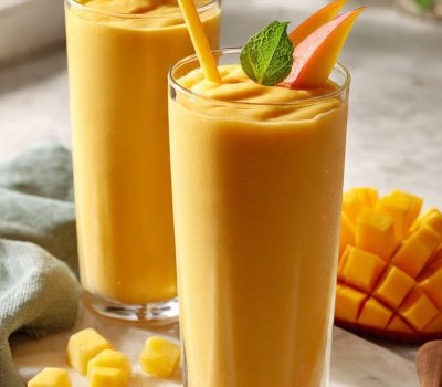 Two tall glasses of tropical fruit smoothie with milk garnished with fresh mango and mint on white marble — best 5-minute blender recipe