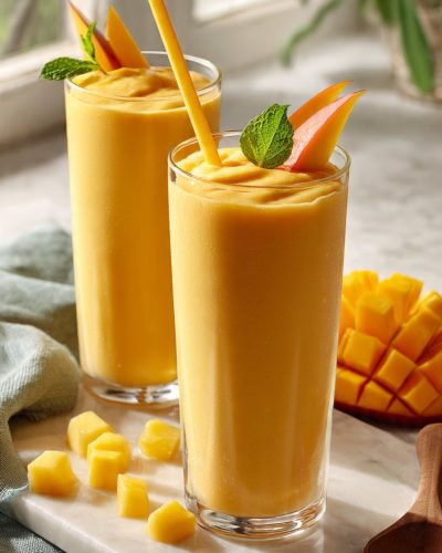 Two tall glasses of tropical fruit smoothie with milk garnished with fresh mango and mint on white marble — best 5-minute blender recipe
