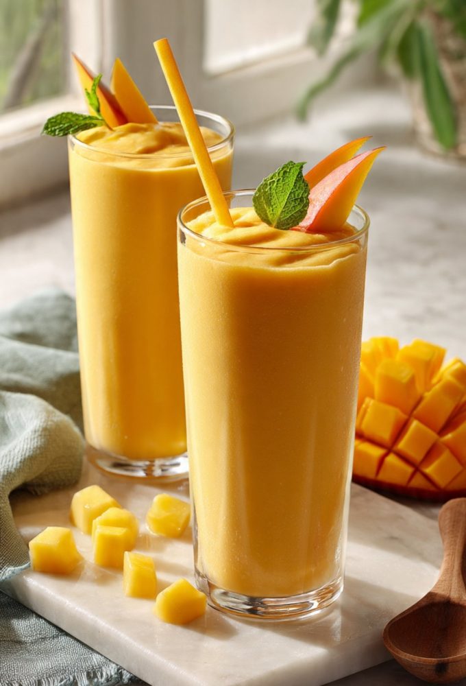 Two tall glasses of tropical fruit smoothie with milk garnished with fresh mango and mint on white marble — best 5-minute blender recipe
