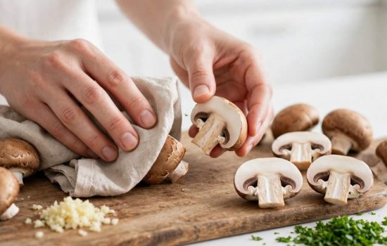Hands cleaning and halving cremini mushrooms on a cutting board