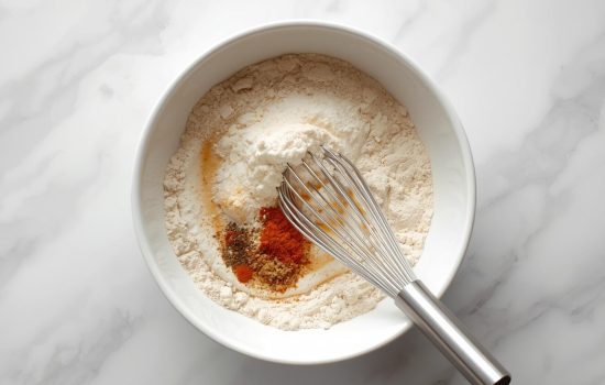 Flour, cornstarch, and spices being mixed together in a bowl.