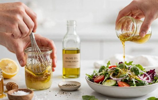 Whisking lemon dressing and drizzling it over fresh salad greens.