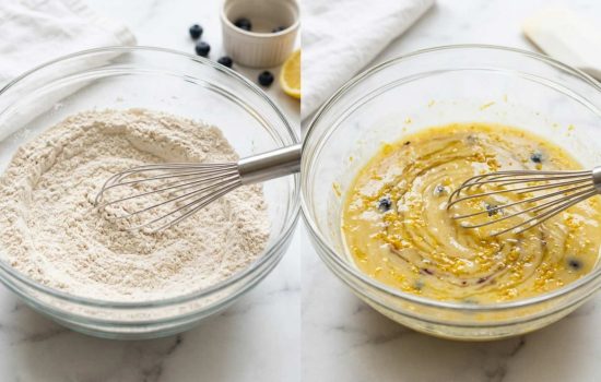 Whisking dry ingredients and lemon zest wet ingredients in separate bowls.