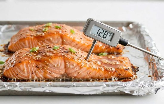 Baked glazed salmon checked with an instant-read thermometer