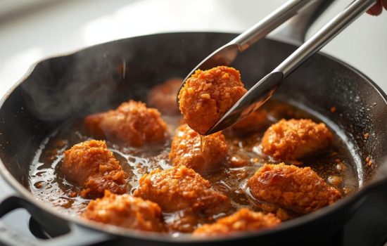 readed chicken pieces frying in a skillet until golden brown