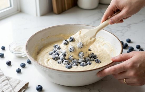 Folding flour-coated blueberries into lemon bread batter.