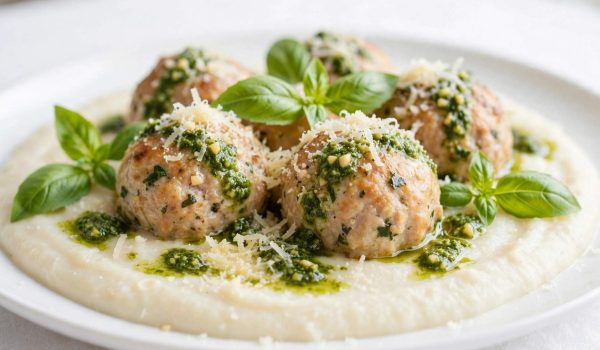 Close-up of chicken meatballs with creamy pesto white bean puree and fresh basil.