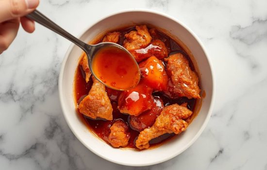 Crispy chicken being tossed in a glossy gochujang and honey glaze.