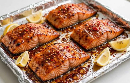 Finished broiled hot honey salmon with lemon wedges
