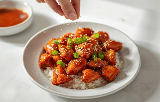 Finished chicken being plated with rice and garnished with sesame seeds and green onions.