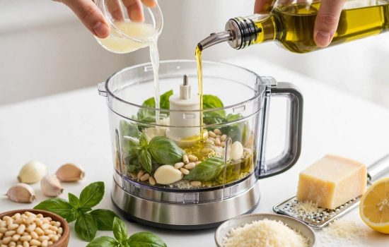 Adding basil, pine nuts, garlic, Parmesan, lemon, and olive oil to a food processor to make pesto.