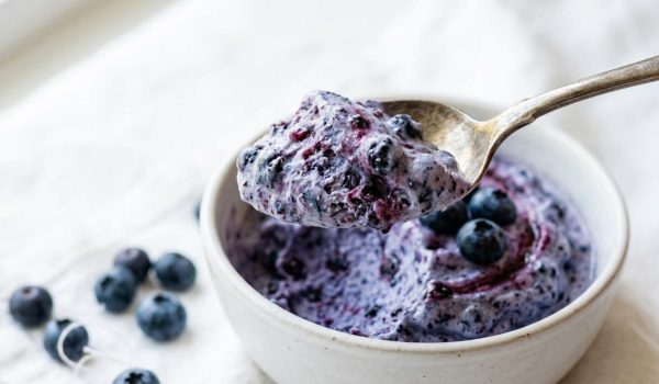 Close-up of a spoonful of blueberry frozen yogurt.