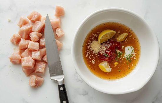 Raw chicken being cut and mixed with honey, chipotle sauce, lime juice, and garlic in a bowl.