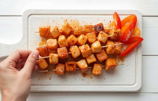 Hands threading marinated chicken and bell pepper onto skewers on a white board.