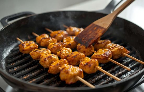Honey chipotle chicken skewers grilling on a pan with golden grill marks.