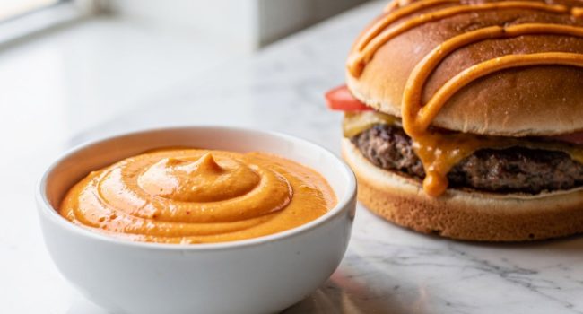 Overhead flat lay of classic burger sauce in a white ceramic bowl on a white marble table, garnished with paprika and fresh herbs