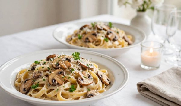 Two bowls of creamy date night mushroom fettuccine on a romantic white table with candles, wine glasses, and fresh flowers