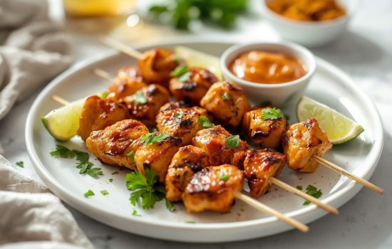 Grilled honey chipotle chicken skewers plated with sauce, cilantro, and lime wedges.
