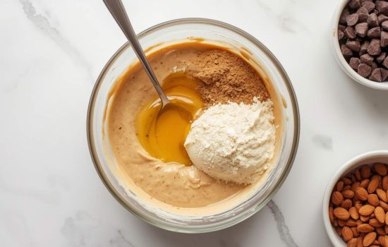 Wet ingredients being mixed in a bowl until smooth.