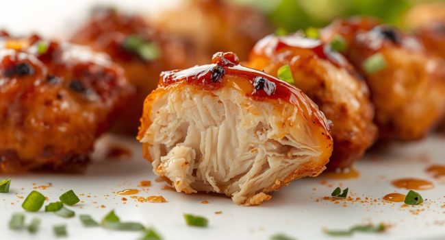Golden honey chipotle chicken skewers on a white ceramic plate, garnished with fresh cilantro and a small bowl of chipotle sauce on the side, bright natural light on a clean white table.