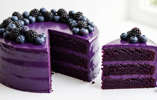Finished purple velvet cake with glossy frosting, berry topping, and a slice removed