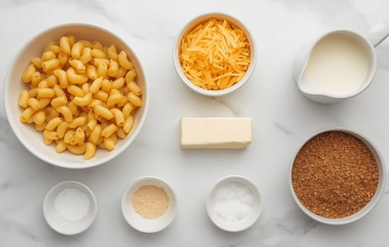 Top-down flat lay of all ingredients for Instant Pot Mac and Cheese on clean white marble table: bowl of dry elbow macaroni, shredded cheddar cheese, cream cheese block, small pitcher of milk, butter on plate, small bowls of salt and garlic powder, measuring cups and spoons, bright natural daylight on white table