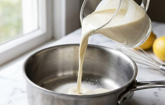 Heavy cream being poured into a saucepan with sugar for lemon posset.
