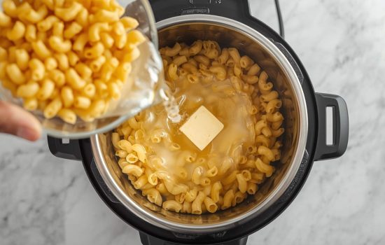 Top-down view of dry elbow macaroni and water being poured into stainless steel Instant Pot insert with pat of butter resting on top of pasta, bright natural light on white countertop, clean kitchen background