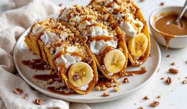Styled plate of caramel banana nuts tacos on a white table
