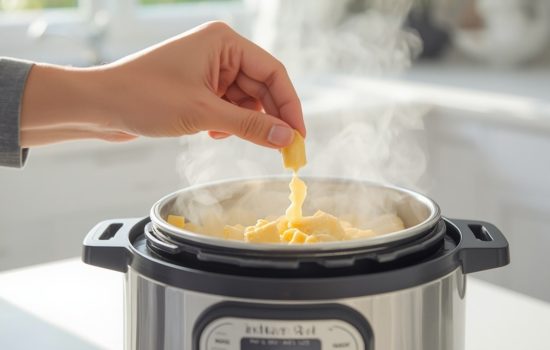 Hand carefully turning steam release valve on Instant Pot to venting position with steam releasing upward, bright clean kitchen light on white countertop surface, safety-focused framing