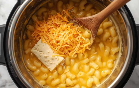 Shredded cheddar and cream cheese being stirred into cooked elbow macaroni inside Instant Pot insert with wooden spoon mid-stir, golden creamy cheese sauce forming around pasta, bright natural daylight on white surface
