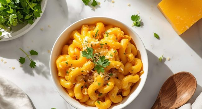 Overhead flat lay of creamy Instant Pot Mac and Cheese on a white ceramic plate with golden cheese sauce, garnished with fresh parsley and shredded cheddar, small bowl of extra cheese sauce on the side, white linen napkin, bright natural daylight on white table