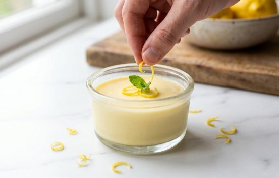 Finished lemon posset being garnished with zest and a mint leaf.