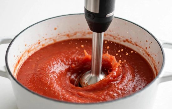 Blending butter chicken meatball sauce until smooth with an immersion blender.