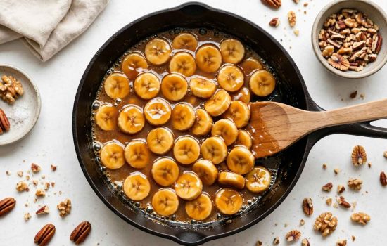 Caramelizing banana slices in a skillet