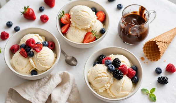 Homemade vanilla ice cream served in a lifestyle summer setting.