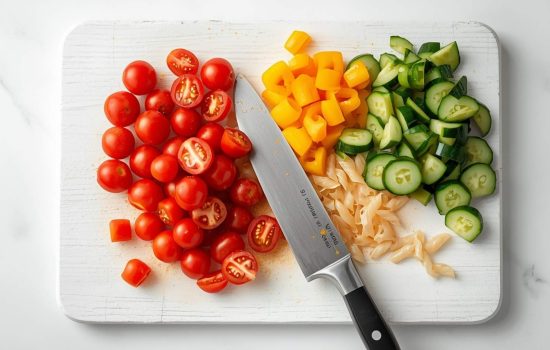 Cherry tomatoes, cucumber, and bell pepper being chopped on a white wooden cutting board