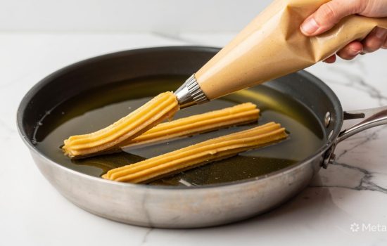 A star-tip pastry bag piping strips of golden homemade churro dough into hot oil on a white marble countertop.