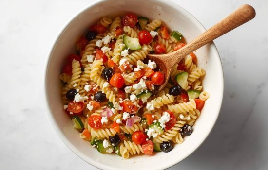 Cooled rotini pasta tossed with fresh vegetables and dressing in a large white ceramic bowl