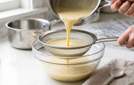 Straining vanilla custard base through a fine-mesh sieve into a bowl