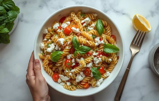 Finished quick and easy pasta salad in a white ceramic bowl garnished with basil and feta cheese