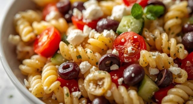Close-up of quick and easy pasta salad showing rotini pasta, cherry tomatoes, cucumber, and olives