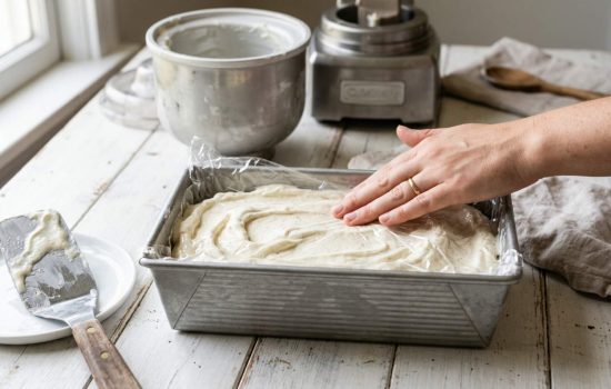 Pressing plastic wrap onto churned vanilla ice cream in a shallow container.